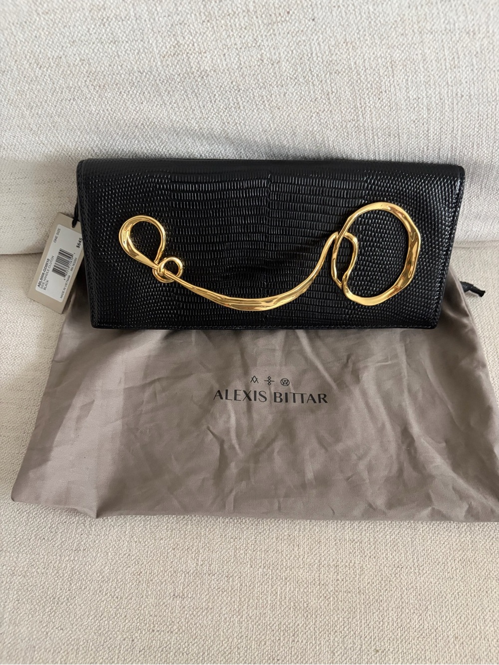 NWT Alexis Bittar Clutch | Black Lizard-Embossed Purse with Gold Metal Twist - Picture 8 of 17